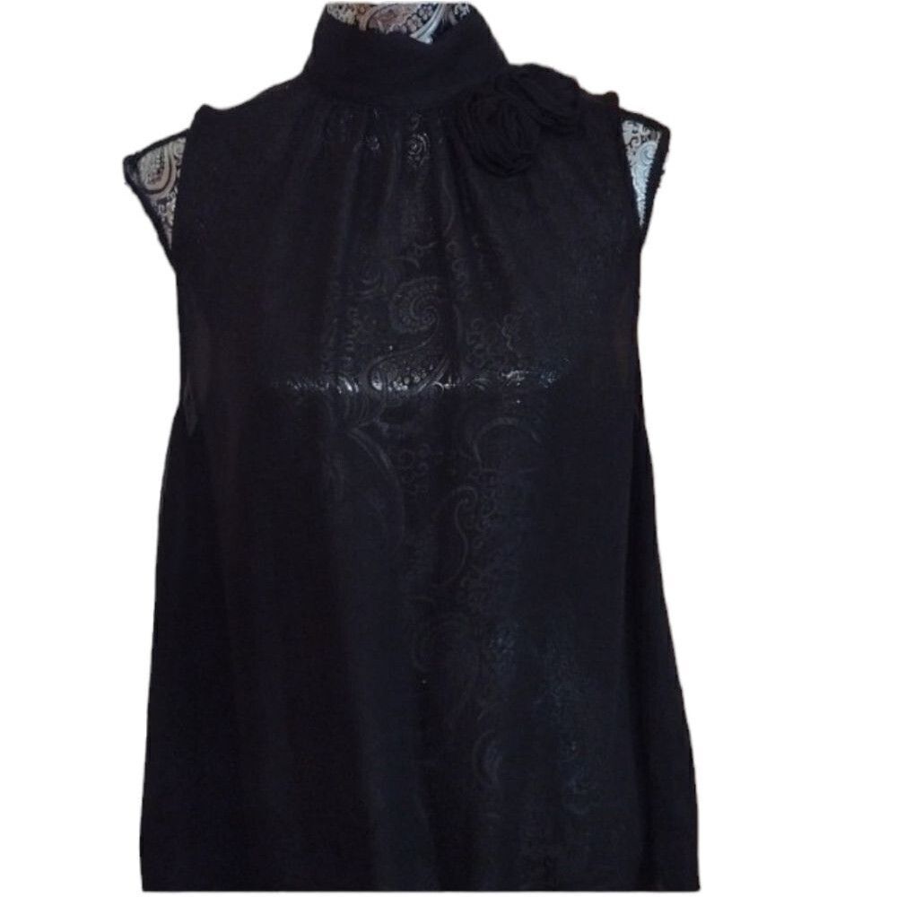 NWT Elena Solano 100% silk chiffon sleeveless blouse w rose details XL